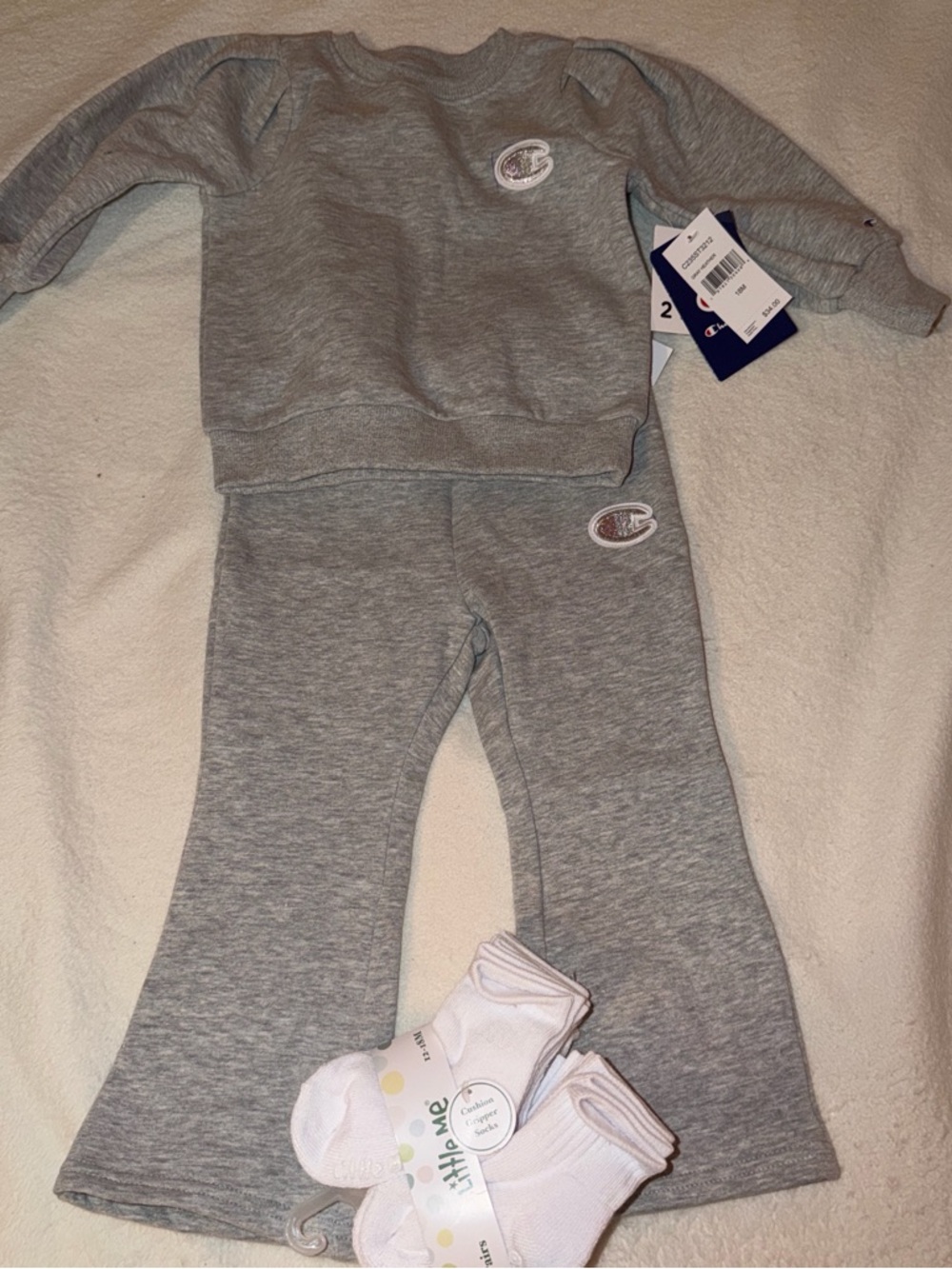 NWT champion grey athletic fit for 18m and cute NWT socks to Match girls